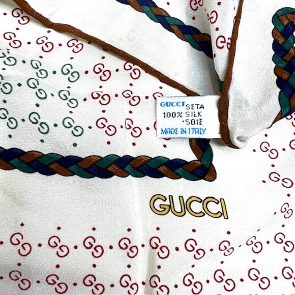 VGT  GUCCI Scarf f 00% Silk Satin 34" Ivery Brown Green Red Logo GG HandRoll(35 - Picture 7 of 11